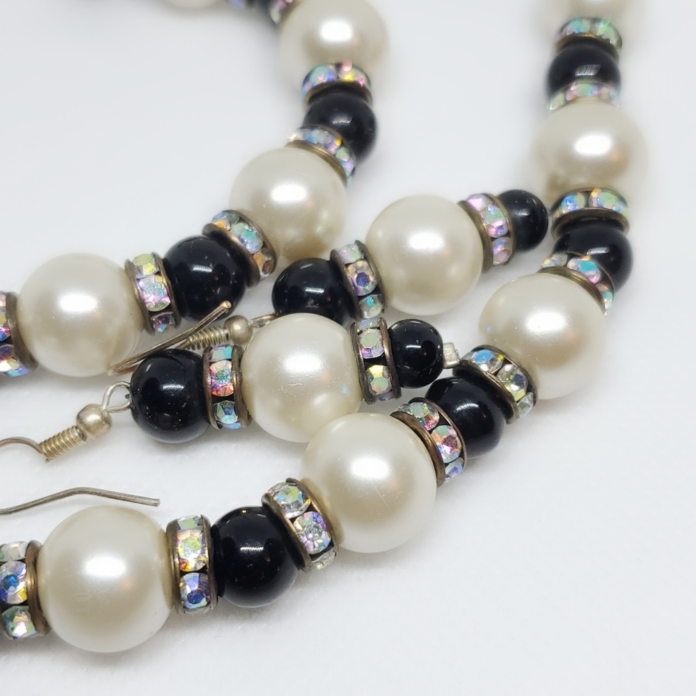Faux Pearl and Onyx Glass Bead AB Rhinestone Rondelles Necklace and Earrings Set